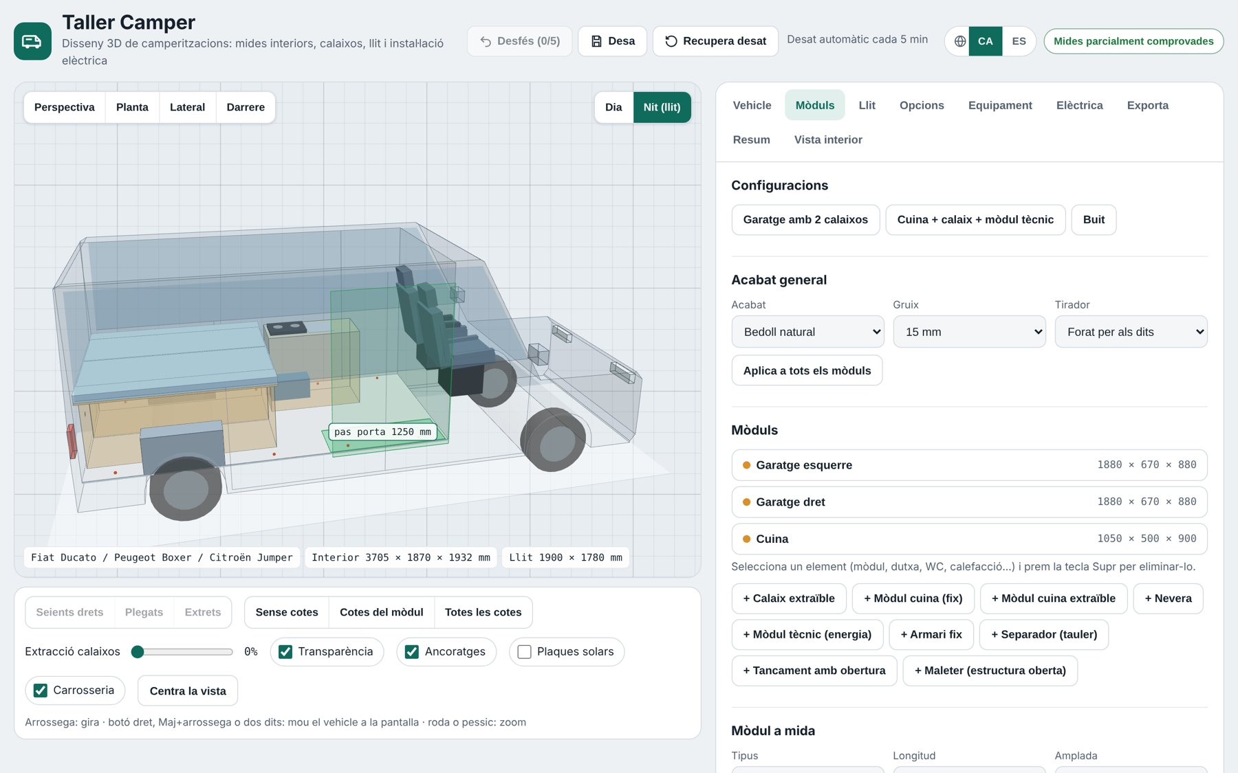 Pantalla de l'app amb la vista 3D, la llista de mòduls i les mides de cada peça